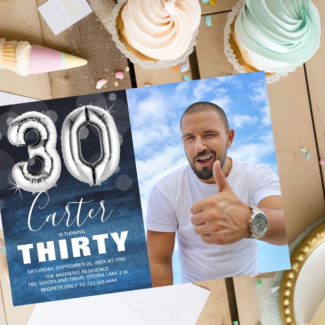 Invitation Trente Anniversaire Ballons d'Argent | Blue Photo  (Créateur téléchargé)