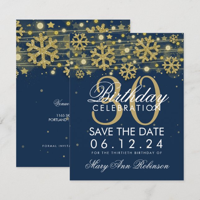 Invitation Trente ans Navy Bleu Anniversaire Date de sauvegar (Devant / Derrière)