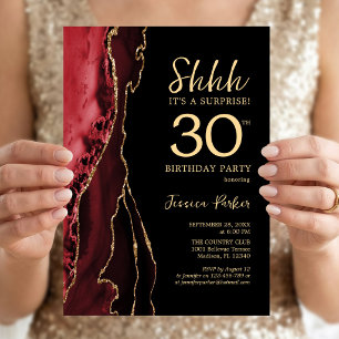 Invitation Trente ans surprise Anniversaire Rouge Noir Agate