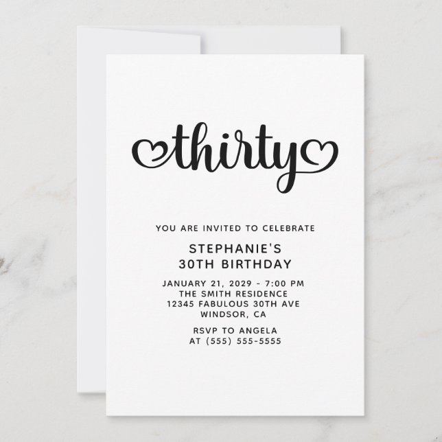 Invitation Trente Coeurs mignons Script 30e anniversaire (Devant)