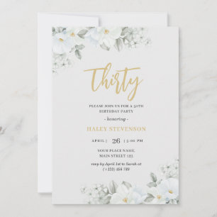 Invitation Trente Élégant Fleurs Blanches et Or Anniversaire