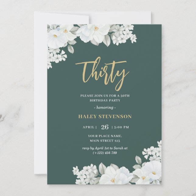 Invitation Trente Emerald Green & Or Blanc Floral Anniversair (Devant)