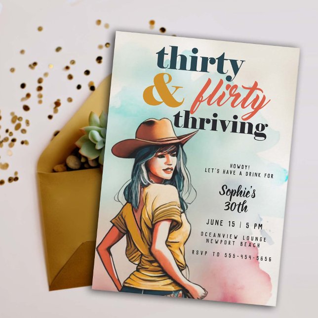 Invitation Trente Flirty prospère Western Chic 30e anniversai (thirty flirty thriving cowgirl western country watercolor woman fun 30th birthday invitation for her)