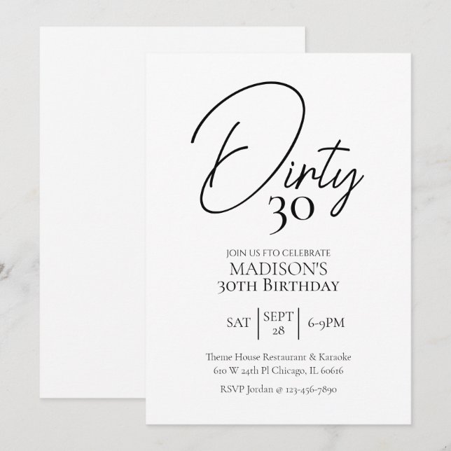 Invitation Trente-trente-troisième anniversaire noir et blanc (Devant / Derrière)