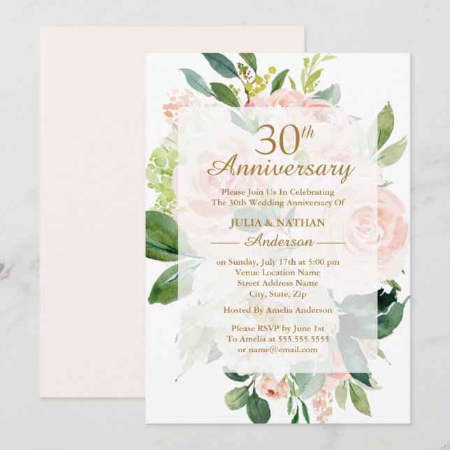Invitation Trentième anniversaire de mariage Elegant Rose Pêc (Devant / Derrière)
