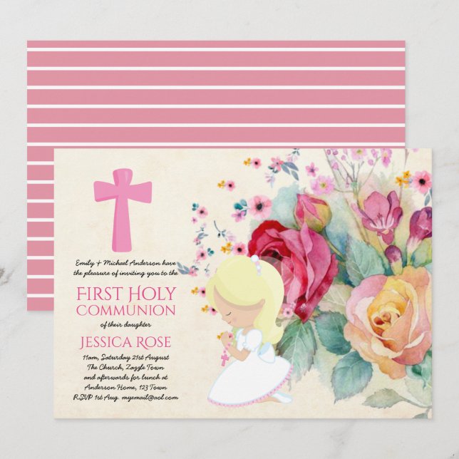 Invitation Très belle première sainte communion Fleurs Invita (Devant / Derrière)