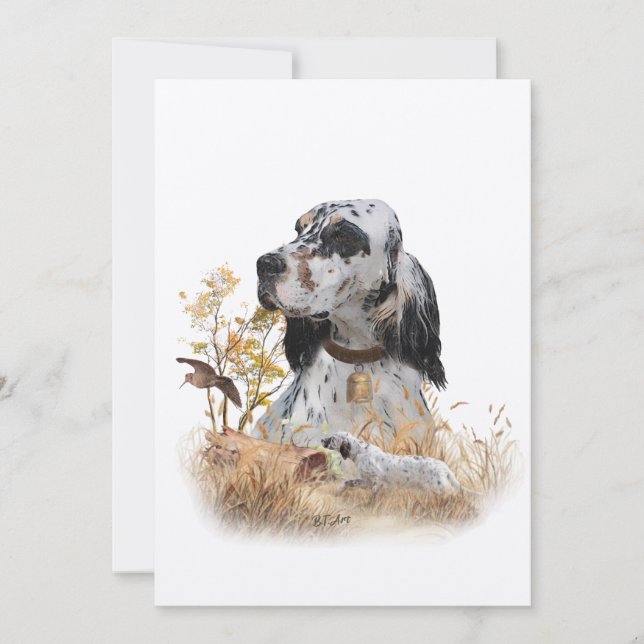 Invitation Tri Couleur Anglais Setter Art, chasse en bois (Devant)