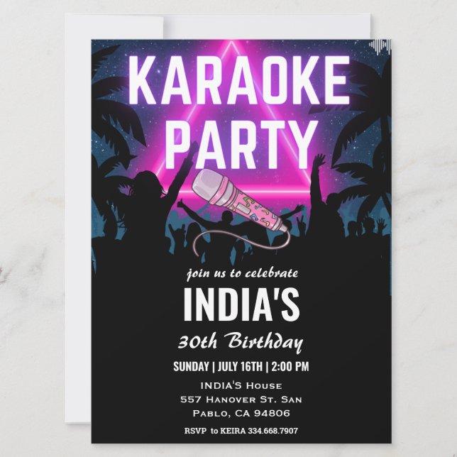 Invitation Triangle Neon Karaoke Party Noir Anniversaire (Devant)