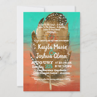 Invitation Tribal Boho Feather Turquoise Orange Mariage