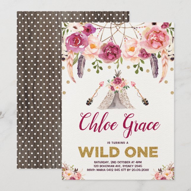 Invitation Tribal Boho Floral WILL ONE Birthday Party Teepee (Devant / Derrière)