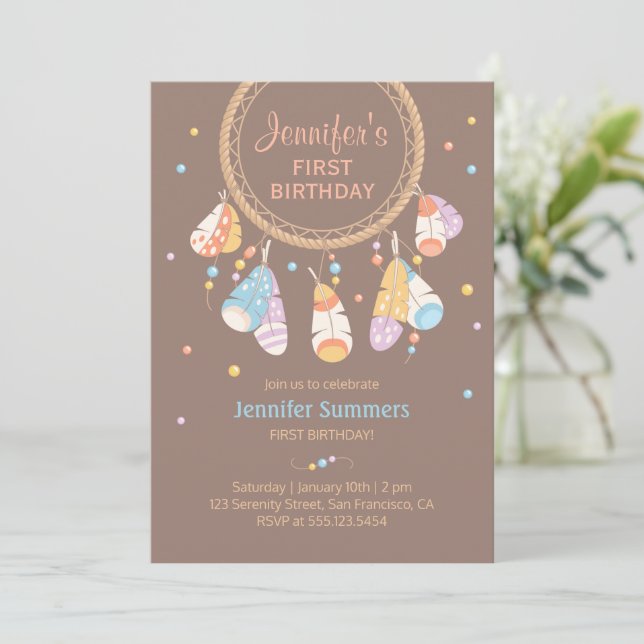 Invitation Tribal Dreamcatcher Boho Baby First 1st Birthday (Debout devant)