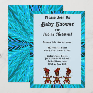 Invitation Tribal Fertility Dance Bleu Baby shower Abstrait