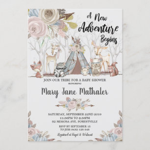 Invitation Tribal Woodland Animaux Baby shower Baby Girl