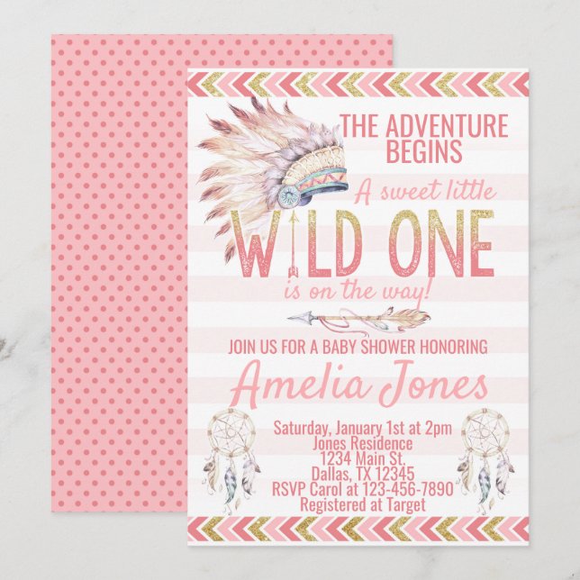 Invitation tribale rose de fête d'anniversaire de (Devant / Derrière)