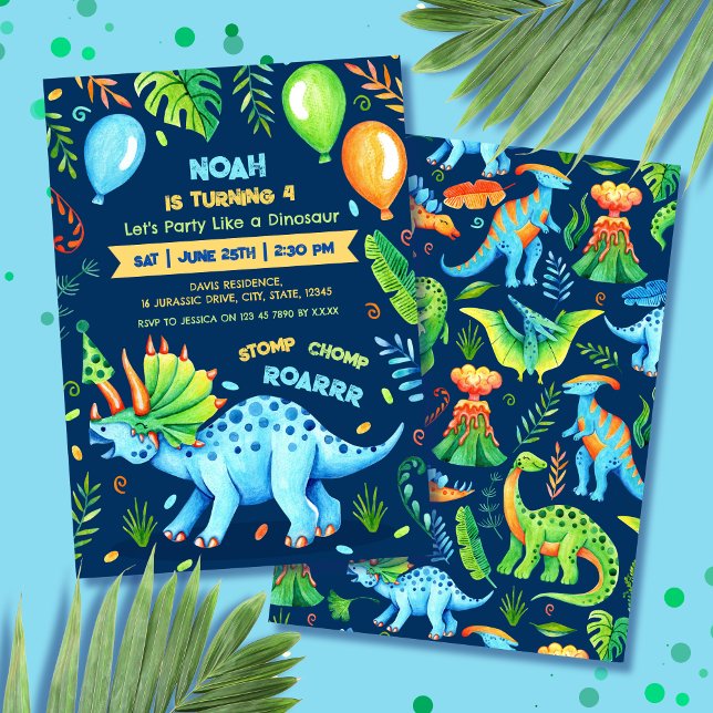 Invitation Tricératops Boy Dinosaur fête d'anniversaire bleu (Triceratops Dinosaur Boys Birthday Party Invitation)