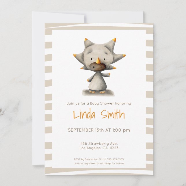 Invitation Tricératops Dinosaur Parti Baby shower neutre (Devant)