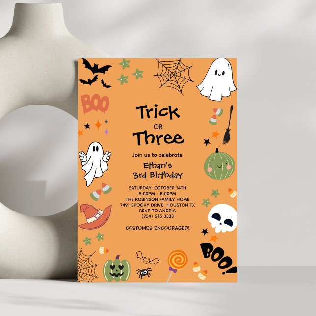 Invitation Trick or Treat Cute Ghost Halloween 3e anniversair (Trick or Treat Cute Ghost Halloween 3rd Birthday Invitation )