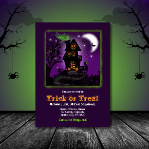 Invitation Trick or Treat Purple Witch House Halloween