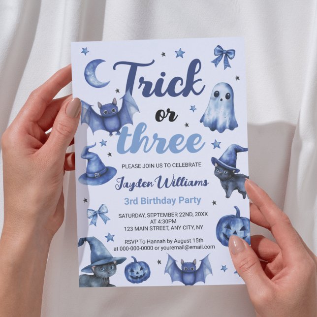 Invitation Trick Ou Trois Bleus Halloween Enfants 3e Annivers (Trick Or Three Blue Halloween Kids 3rd Birthday Invitation
)
