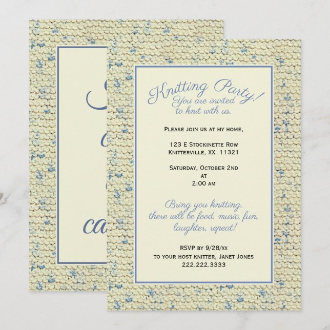 Invitation Tricot Party - Tweed Motif Bleu/Fer naturel (Devant / Derrière)