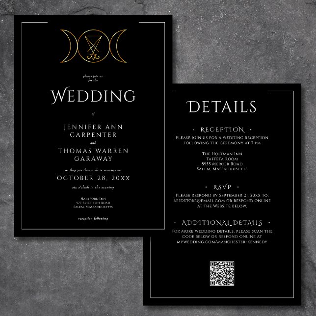 Invitation Triple déesse Wiccan Moon Noir Mariage Deux côtés (Triple Goddess Wiccan Moon Black Wedding Two Sided Invitation)