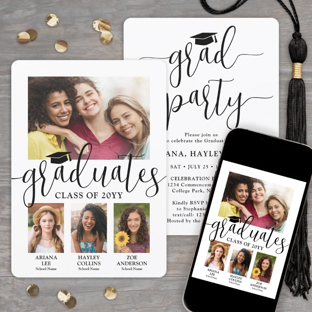 Invitation Triple Diplôme 3 Diplômés Photos de Parti mixte (Créateur téléchargé)