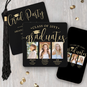 Invitation Triple Graduation Photos Black & Gold Joint Party