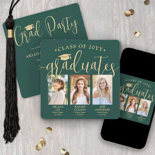 Invitation Triple Graduation Photos Green & Gold Joint Party