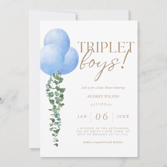Invitation Triplet Boys Blue Balloon Baby Boys Douche (Devant)