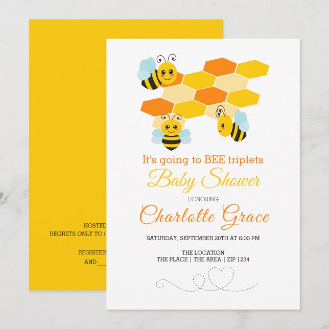 Invitation Triplet d'abeille mignonne Bumble Baby shower pers (Devant / Derrière)