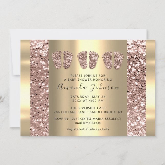 Invitation Triplets Baby shower Pieds Rose Parties scintillan (Devant)