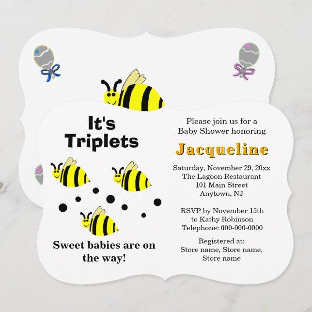 Invitation Triplets Jaune Bee Baby Rattles Baby shower (Devant / Derrière)