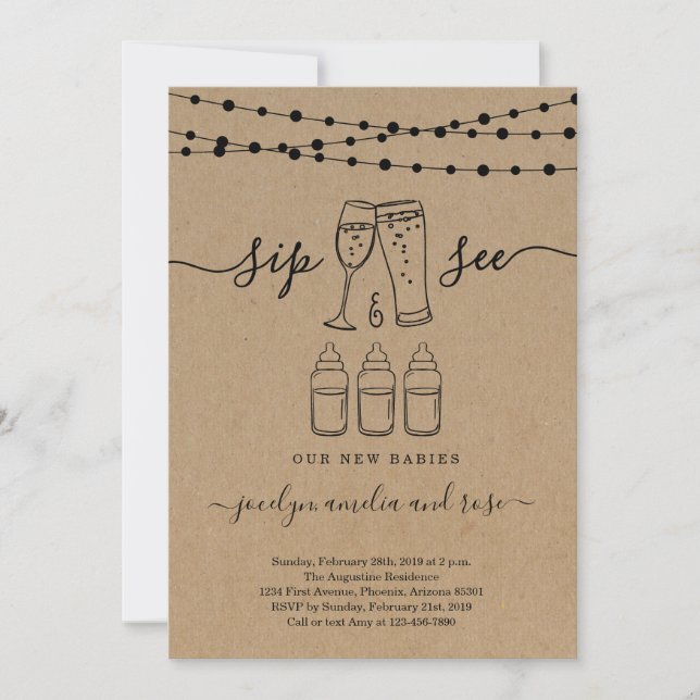 Invitation Triplets Sip & See Bubbles & Brews (Devant)