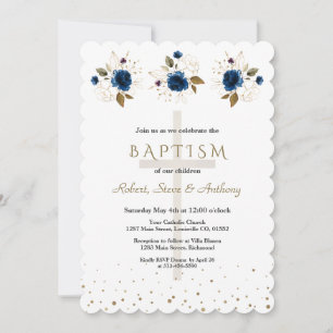 Invitation Triplettes garçons baptême floral bleu marine Or