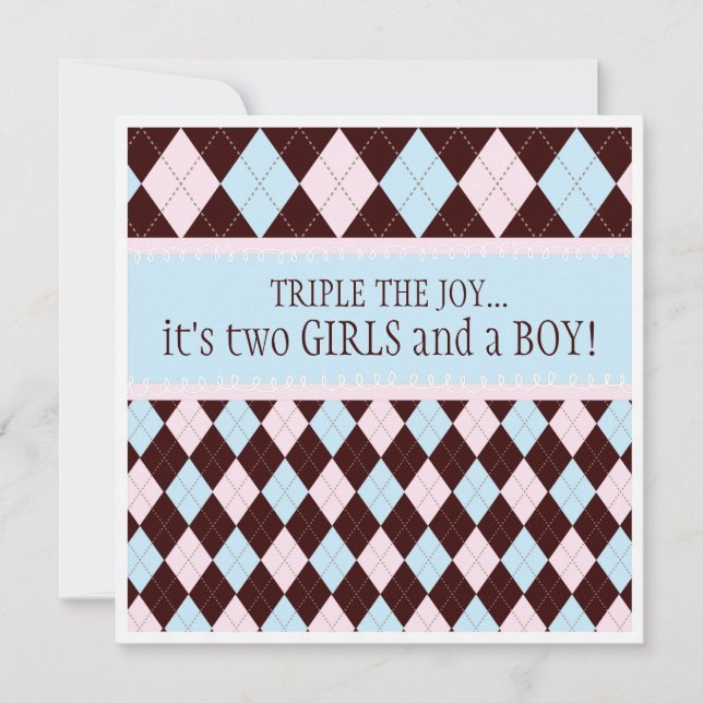 Invitation Triplez le baby shower à motifs de losanges de (Devant)