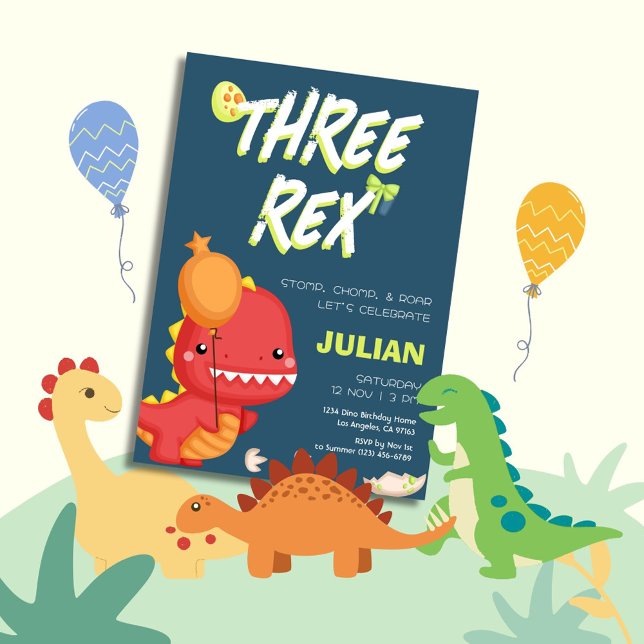 Invitation TROIS Anniversaire de enfant REX Dino (Créateur téléchargé)