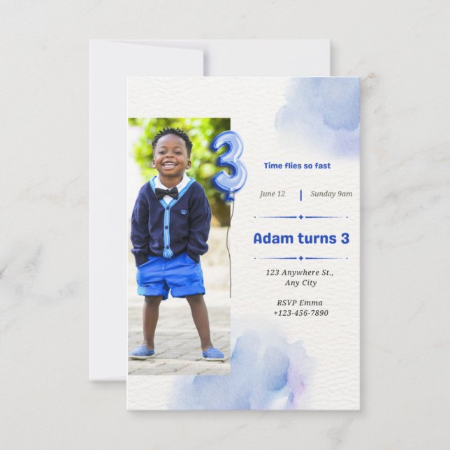 INVITATION TROIS ANS ANNIVERSAIRE POUR GARÇON BLEU AVEC PHOTO (Devant)