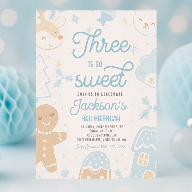 Invitation Trois C'Est Si Doux Cookie Noël Fête Anniversaire (Three Is So Sweet” Christmas Cookie Birthday Party invitation for boys, featuring gingerbread men, c)