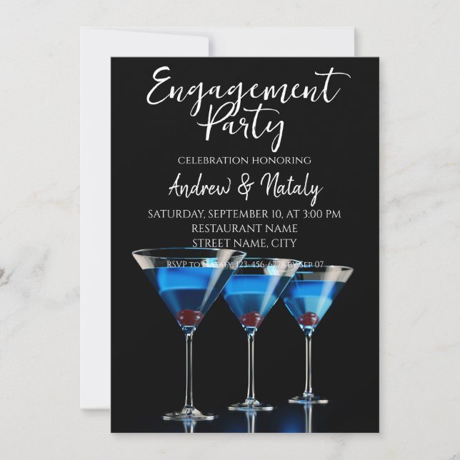 Invitation Trois cocktails bleus avec cerise sur fond noir (Devant)