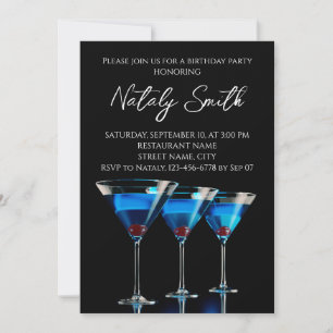 Invitation Trois cocktails bleus avec cerise sur fond noir