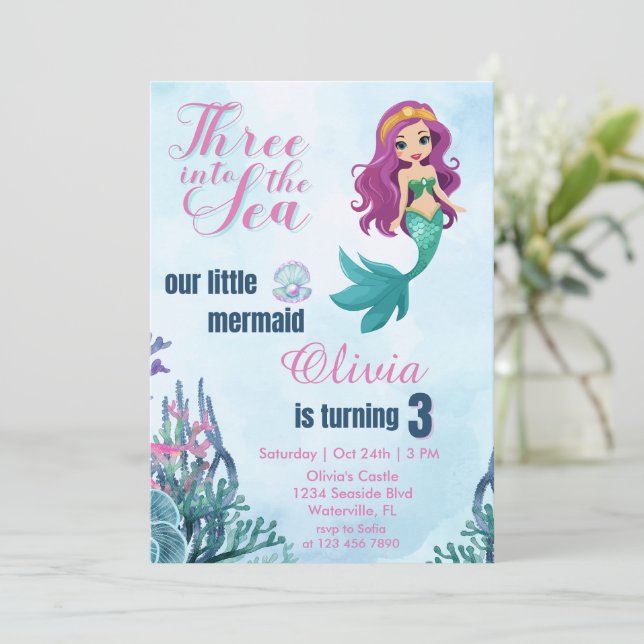 Invitation Trois dans la mer Filles de sirène 3e anniversaire (Debout devant)
