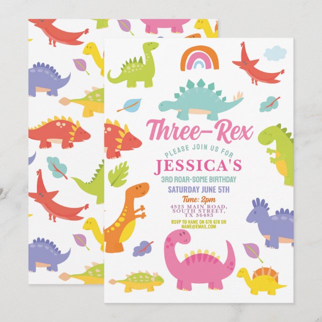 Invitation Trois dinosaures Rex Filles rose Fête mignonne (Devant / Derrière)