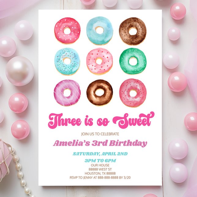 Invitation Trois est si doux Donut 3e fête d'anniversaire (Créateur téléchargé)
