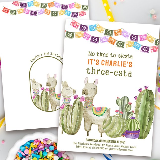 Invitation Trois esta 3ème anniversaire Fiesta Pas de temps p (No time to siesta, it's a three-esta! Watercolor fiesta theme 3rd birthday invitation with cactus)