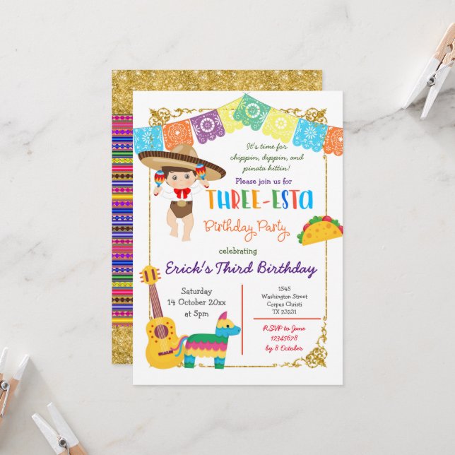 Invitation Trois esta Charro Boy Anniversaire Mexicain (Devant/Arrière en situation)