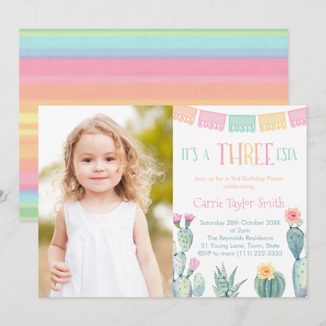 Invitation Trois-esta mexicaine Fiesta 3e anniversaire de fêt (Devant / Derrière)
