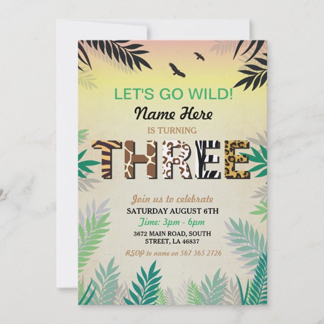 Invitation TROIS Jungle 3ème anniversaire de fête Safari ZOO  (Devant)