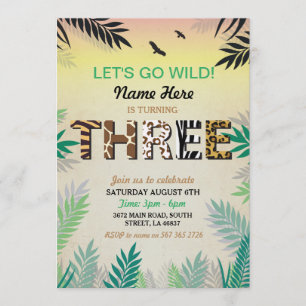 Invitation TROIS Jungle 3ème anniversaire de fête Safari ZOO 
