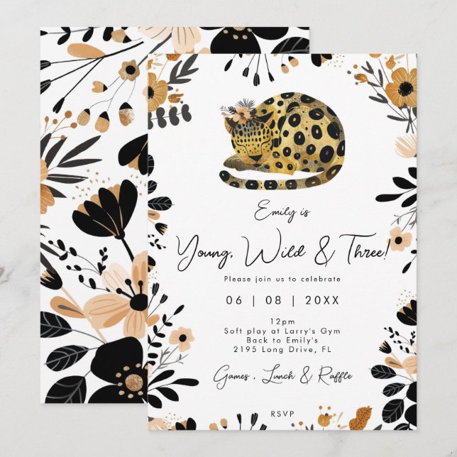 Invitation trois léopards sauvages fleurs 3e anniversaire inv (Devant / Derrière)