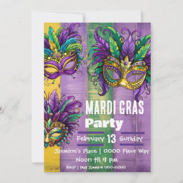 Invitation Trois Masques Mardi Gras En Vert Or Violet
